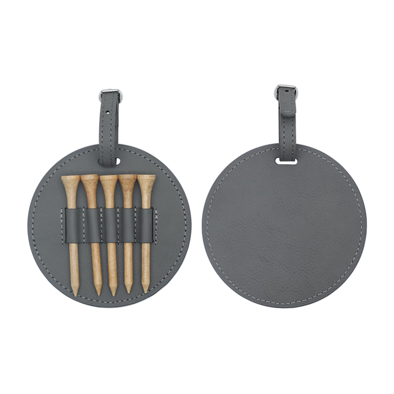 Étiquette de sac de golf ronde en similicuir laserable avec 5 tees en bois
