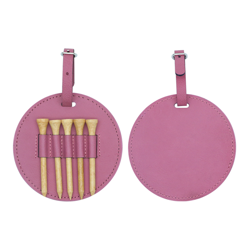 Étiquette de sac de golf ronde en similicuir laserable avec 5 tees en bois