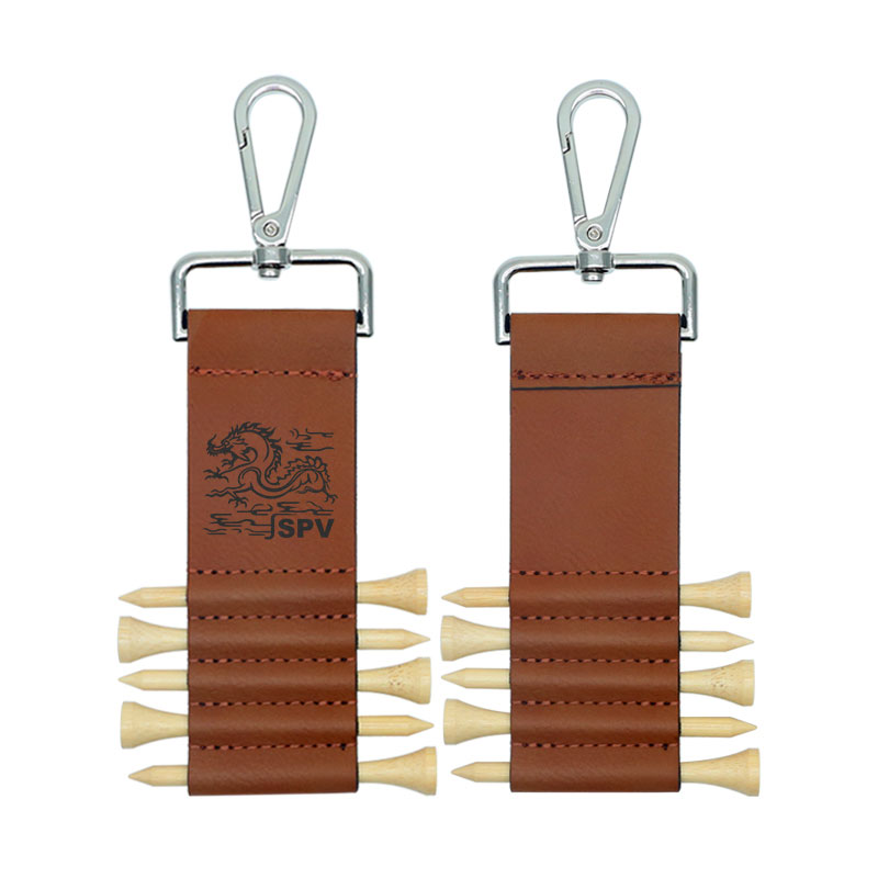 Porte-clés d'étiquette de sac de golf en similicuir laser avec 5 tees en bois