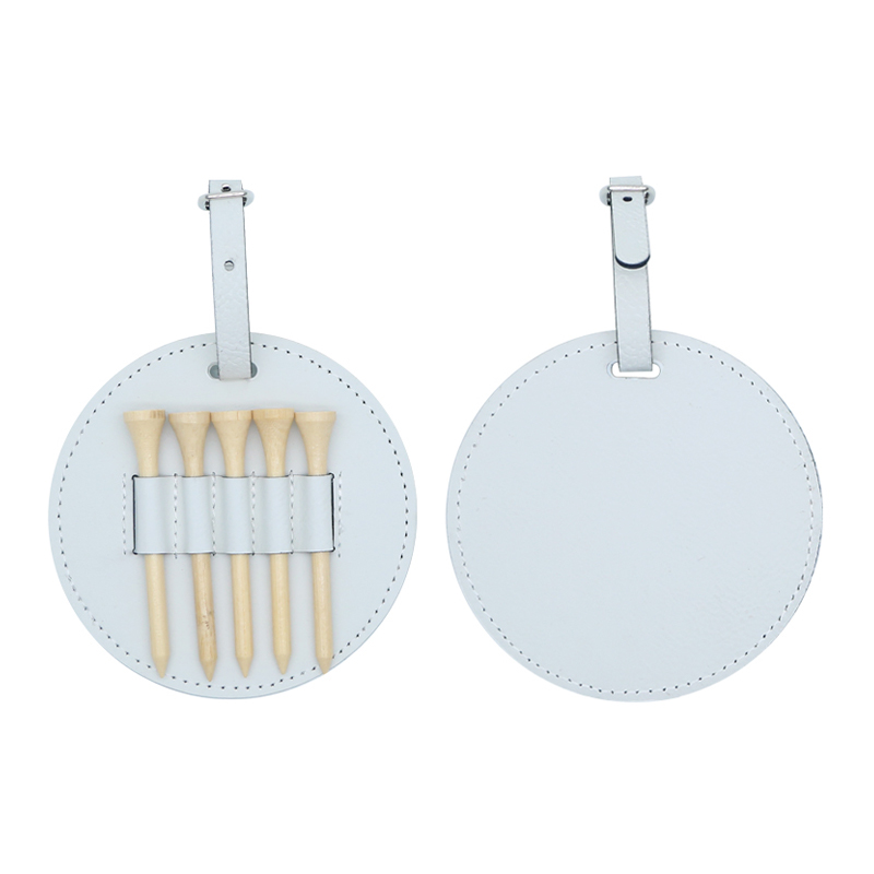 Étiquette de sac de golf ronde en similicuir laserable avec 5 tees en bois