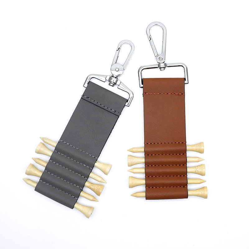Porte-clés d'étiquette de sac de golf en similicuir laser avec 5 tees en bois