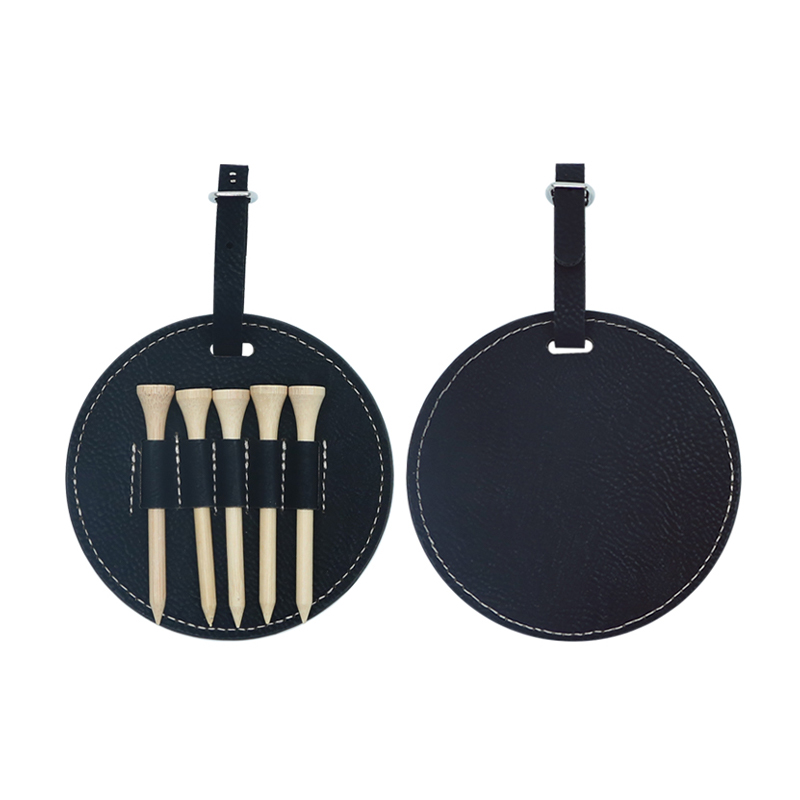Étiquette de sac de golf ronde en similicuir laserable avec 5 tees en bois
