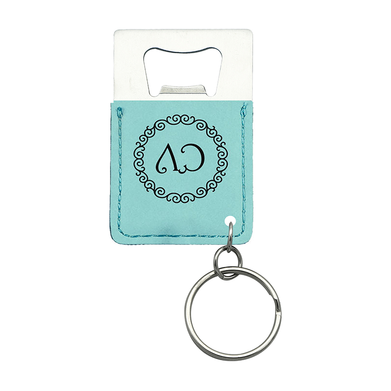 Porte-clés ouvre-bouteille rectangulaire en similicuir laser