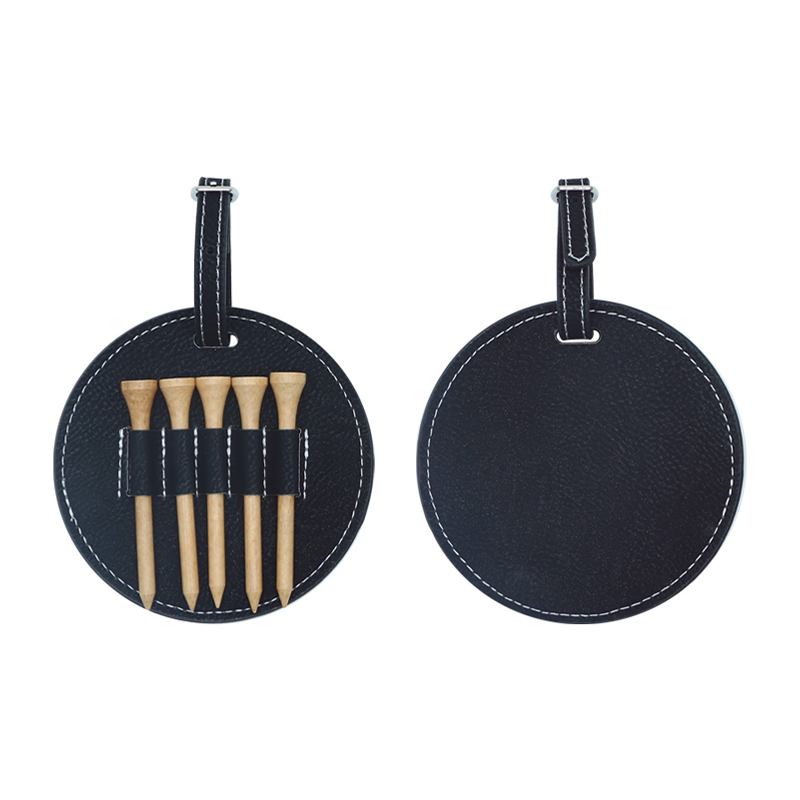 Étiquette de sac de golf ronde en similicuir laserable avec 5 tees en bois