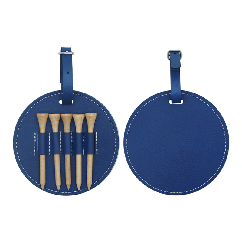 Étiquette de sac de golf ronde en similicuir laserable avec 5 tees en bois