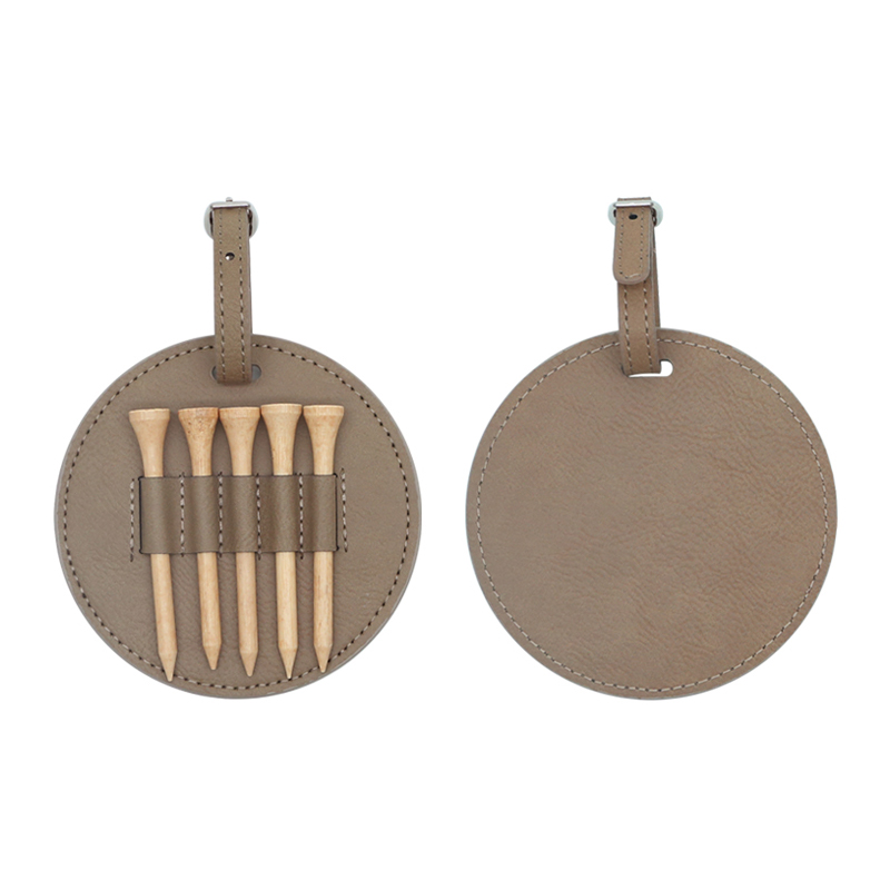 Étiquette de sac de golf ronde en similicuir laserable avec 5 tees en bois