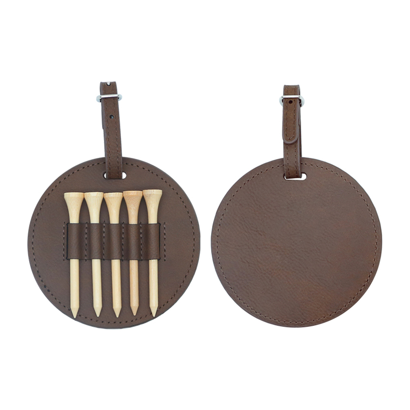 Étiquette de sac de golf ronde en similicuir laserable avec 5 tees en bois