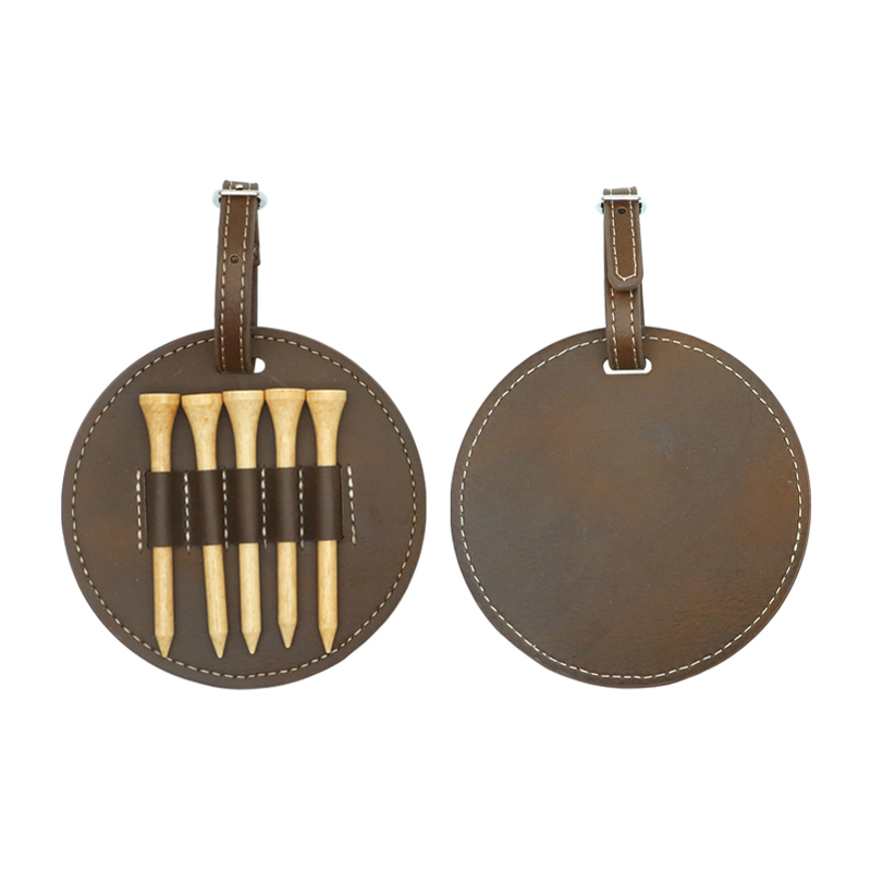 Étiquette de sac de golf ronde en similicuir laserable avec 5 tees en bois