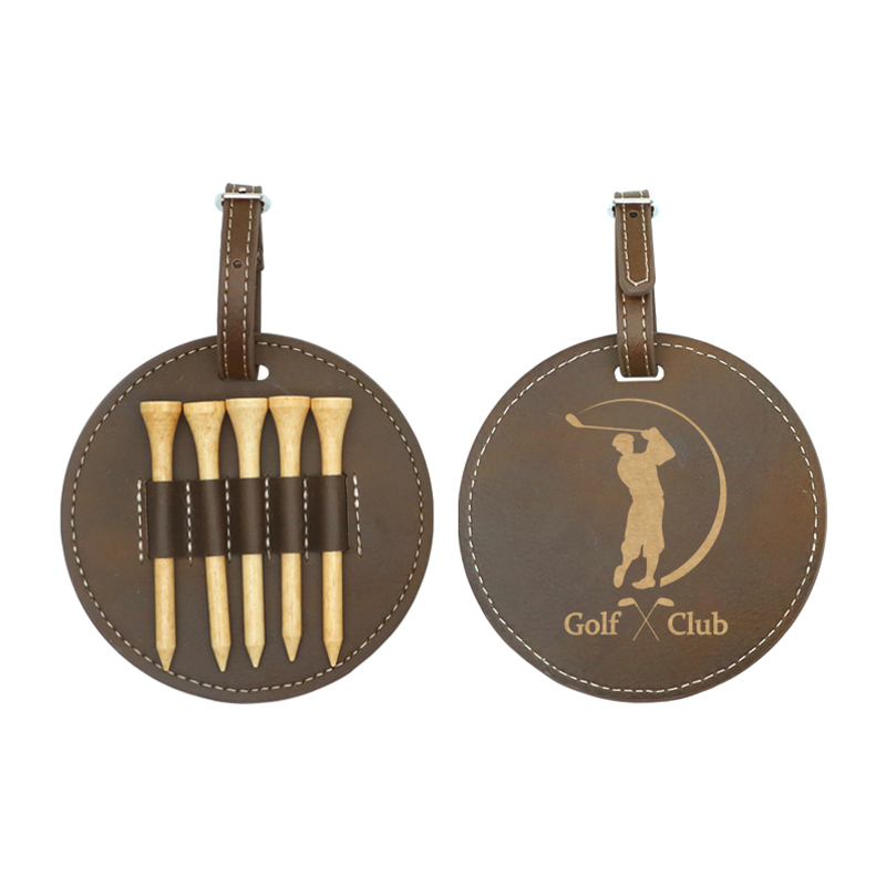 Étiquette de sac de golf ronde en similicuir laserable avec 5 tees en bois