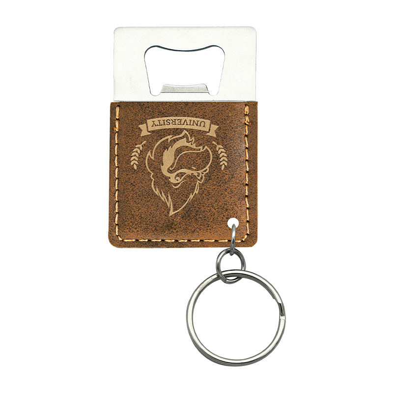 Porte-clés ouvre-bouteille rectangulaire en similicuir laser