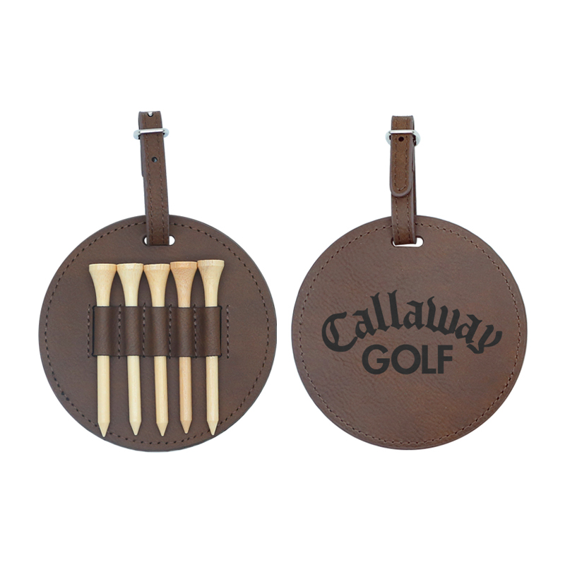 Étiquette de sac de golf ronde en similicuir laserable avec 5 tees en bois