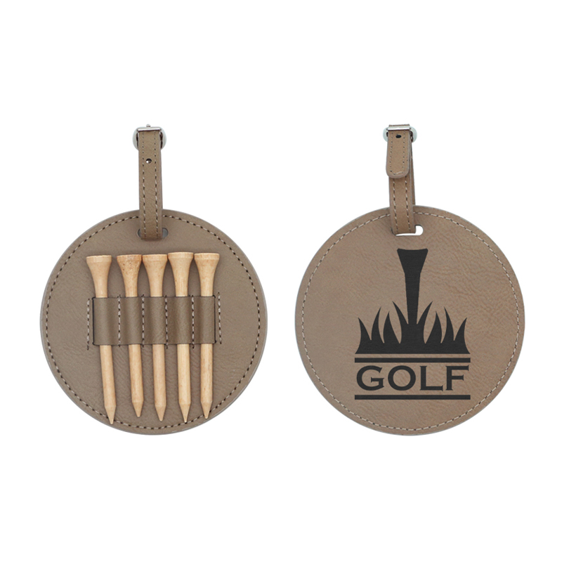 Étiquette de sac de golf ronde en similicuir laserable avec 5 tees en bois