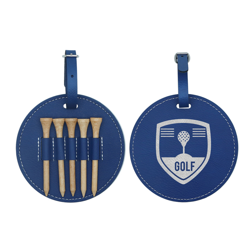 Étiquette de sac de golf ronde en similicuir laserable avec 5 tees en bois