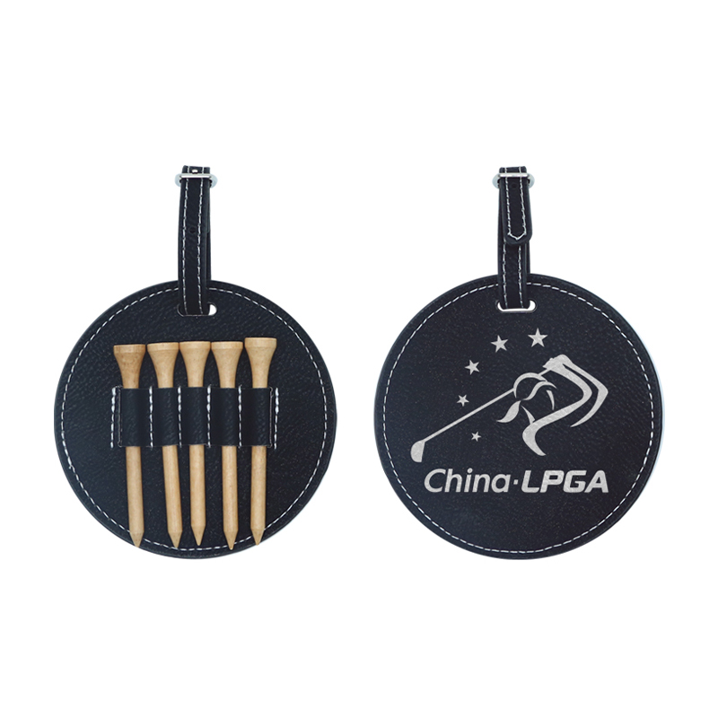 Étiquette de sac de golf ronde en similicuir laserable avec 5 tees en bois