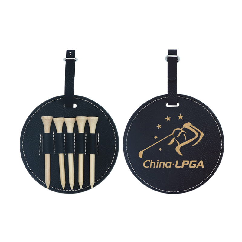 Étiquette de sac de golf ronde en similicuir laserable avec 5 tees en bois