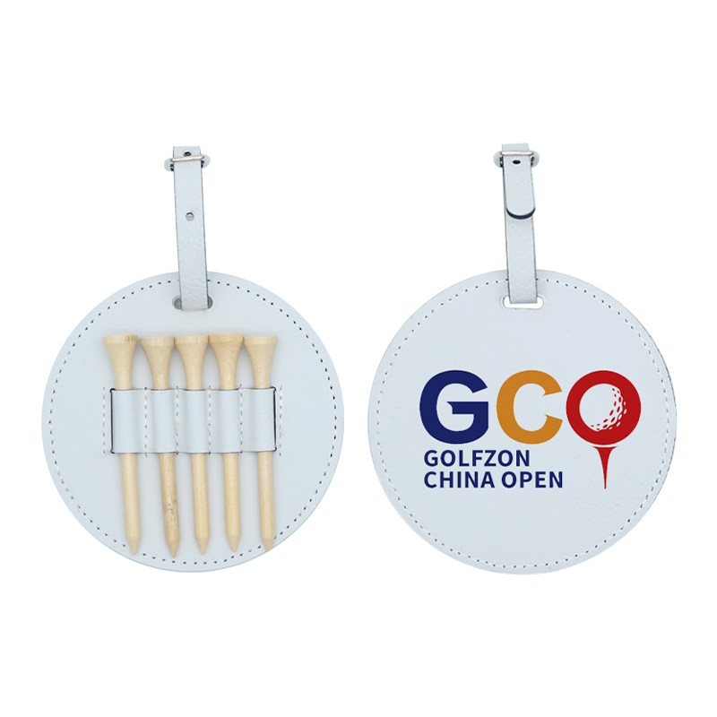 Étiquette de sac de golf ronde en similicuir laserable avec 5 tees en bois