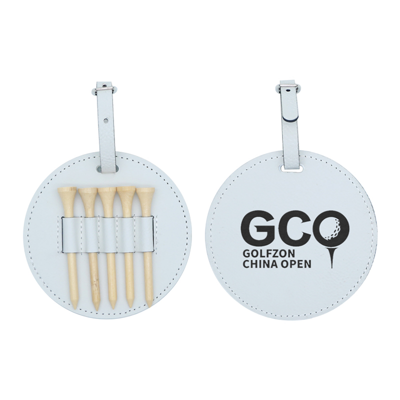 Étiquette de sac de golf ronde en similicuir laserable avec 5 tees en bois