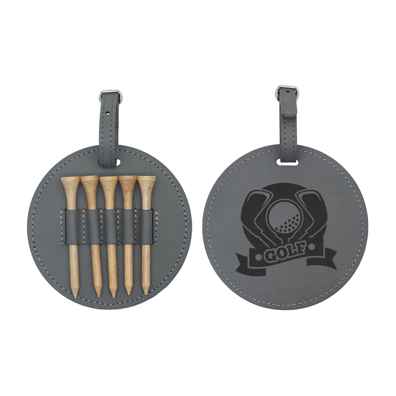 Étiquette de sac de golf ronde en similicuir laserable avec 5 tees en bois