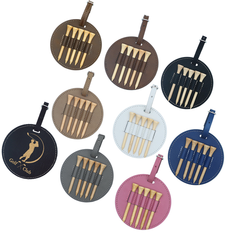 Étiquette de sac de golf ronde en similicuir laserable avec 5 tees en bois