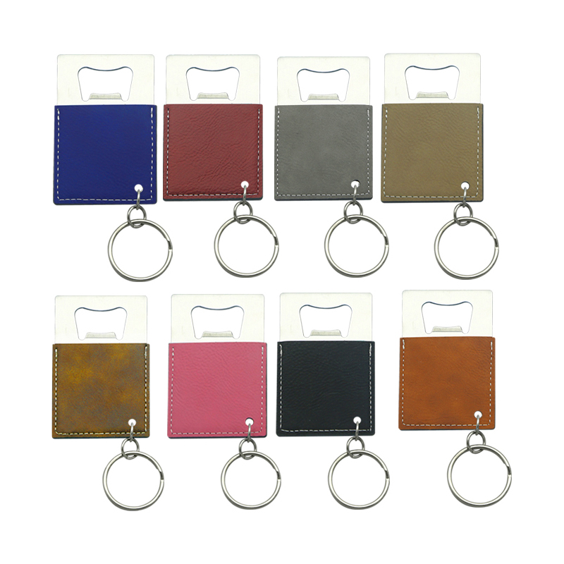 Porte-clés ouvre-bouteille rectangulaire en similicuir laser