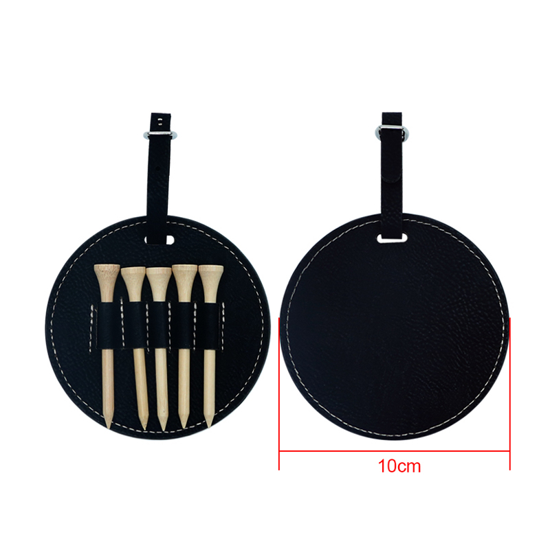 Étiquette de sac de golf ronde en similicuir laserable avec 5 tees en bois