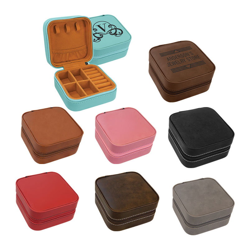 Boîte à bijoux de voyage en similicuir laser 4 × 4 avec doublure beige