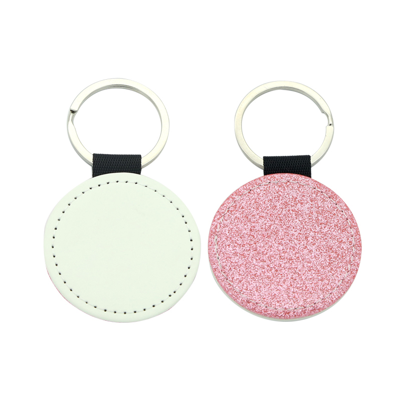 Porte-clés rond en similicuir scintillant par sublimation - Impression simple face