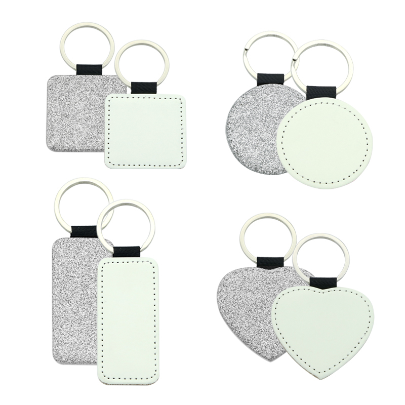 Porte-clés rectangulaire en similicuir scintillant par sublimation - Impression simple face