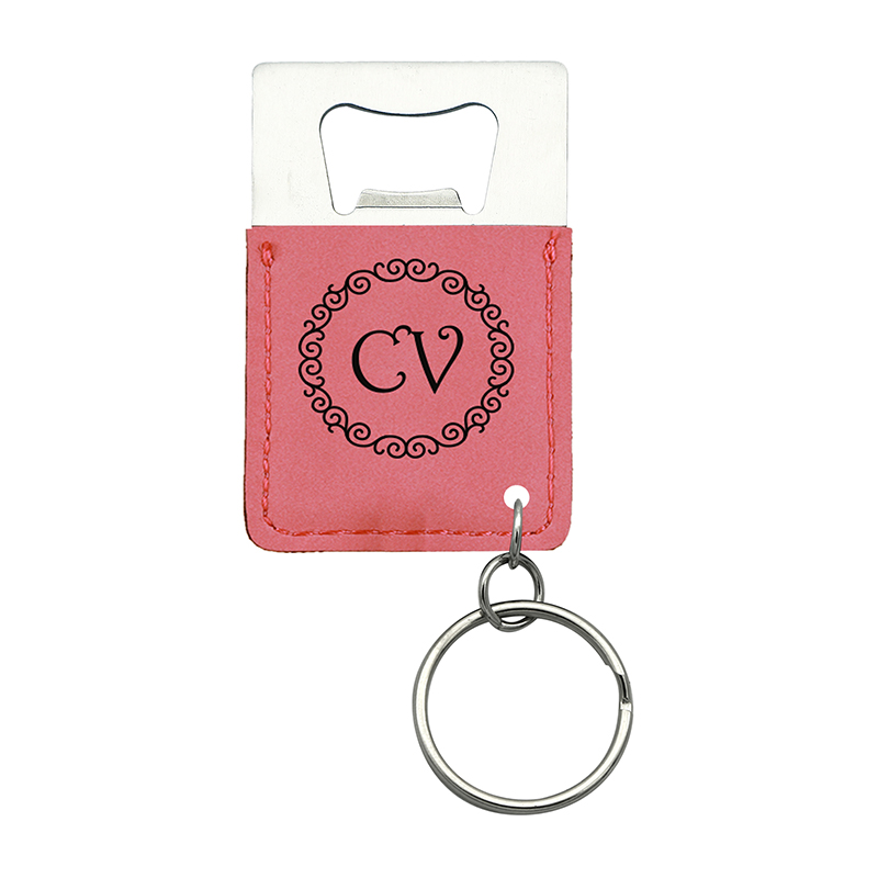 Porte-clés ouvre-bouteille rectangulaire en similicuir laser
