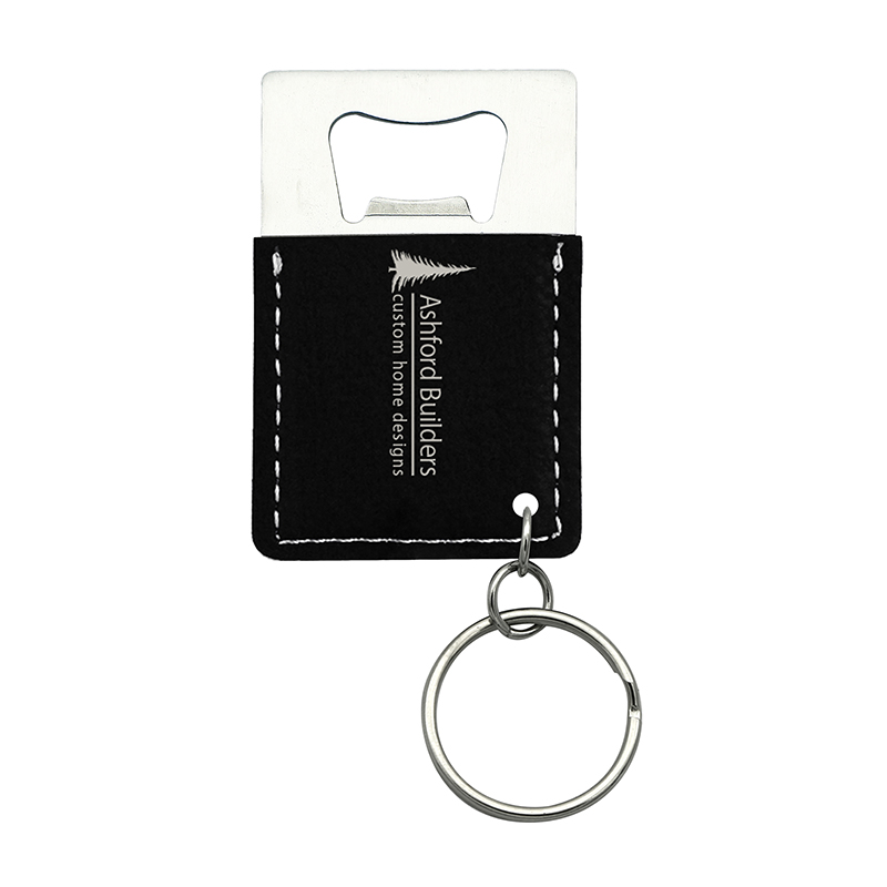 Porte-clés ouvre-bouteille rectangulaire en similicuir laser