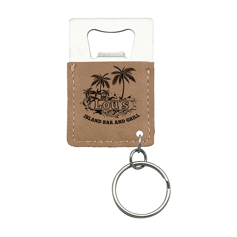 Porte-clés ouvre-bouteille rectangulaire en similicuir laser