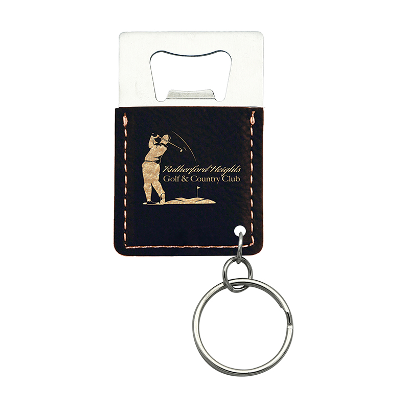 Porte-clés ouvre-bouteille rectangulaire en similicuir laser