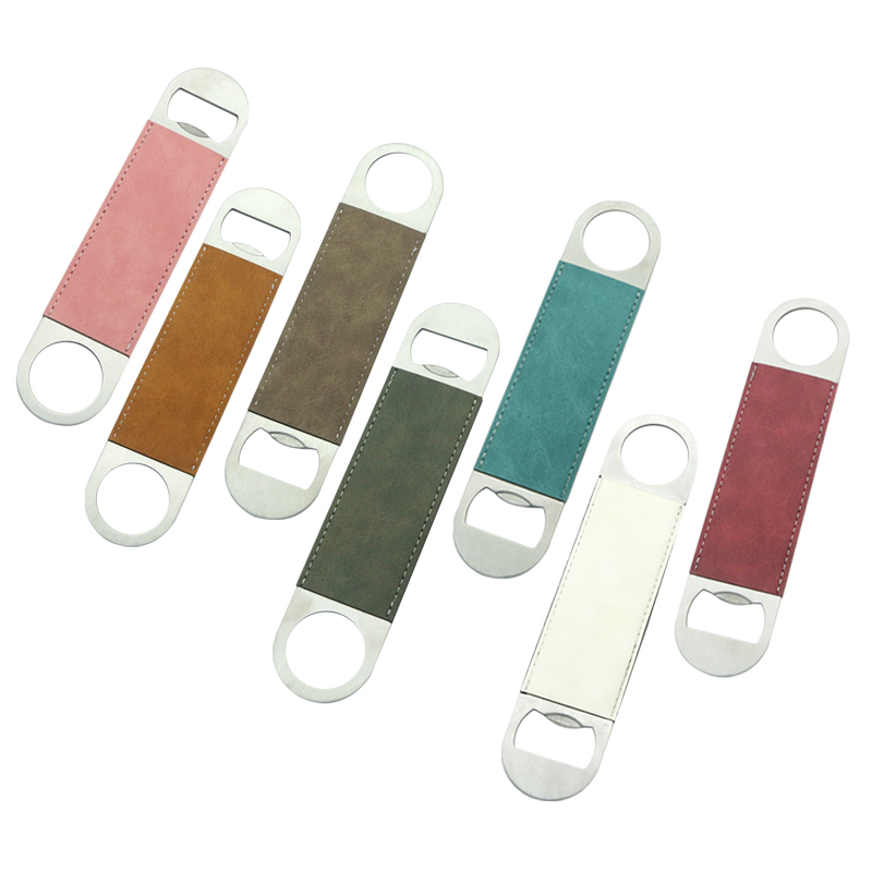 Ouvre-bouteille long en acier inoxydable en similicuir par sublimation