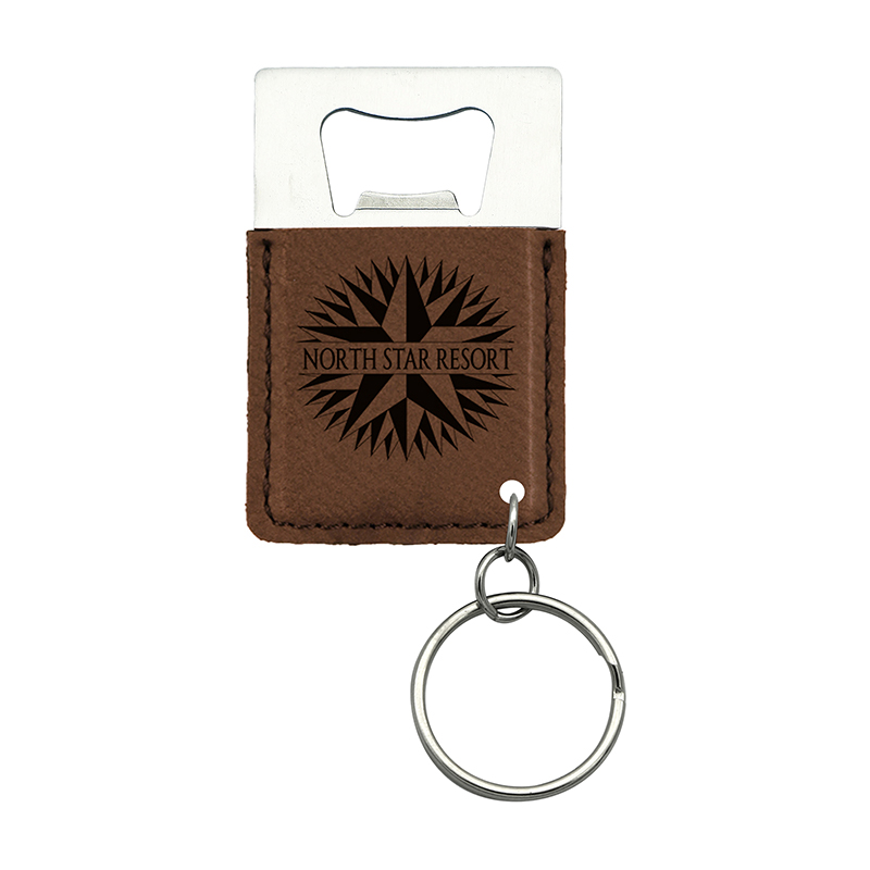 Porte-clés ouvre-bouteille rectangulaire en similicuir laser