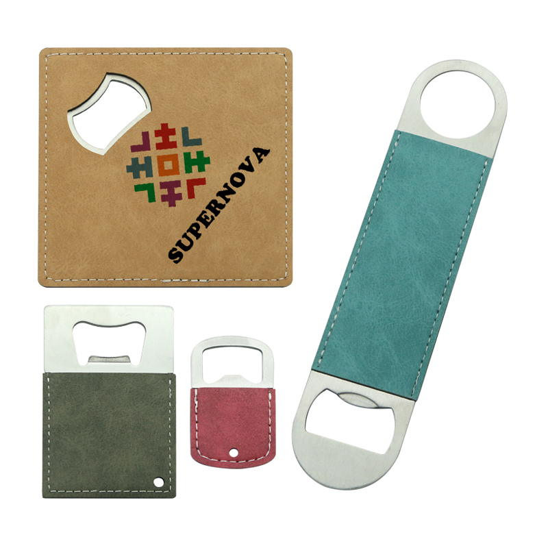 Porte-clés ouvre-bouteille en similicuir en acier inoxydable par sublimation